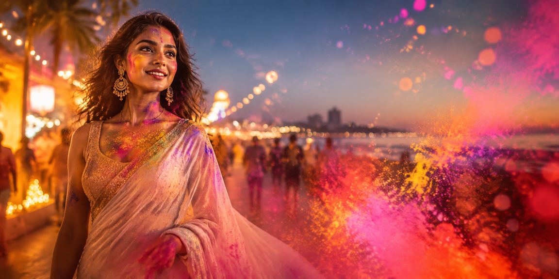 Beach view of Chennai with festive Holi colors and cricket fans